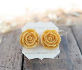 Mustard Yellow Rose Flower Earrings // Goldenrod Flower Earrings // Bridesmaid Gifts // Rustic Vintage Wedding