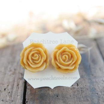 Mustard Yellow Rose Flower Earrings // Goldenrod Flower Earrings // Bridesmaid Gifts // Rustic Vintage Wedding